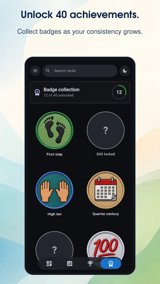 Unlock 40 achievements. Illustrated badges and locked clues.