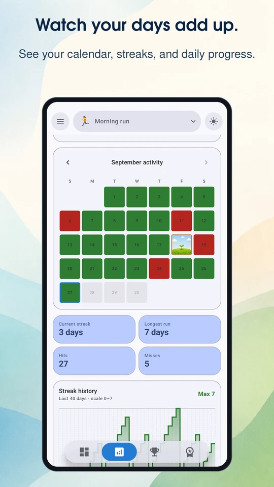 Watch your days add up. Calendar history and streak statistics.
