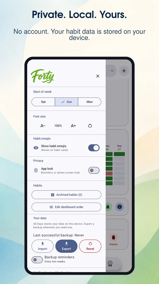 Private. Local. Yours. Appearance, app lock, and backup settings.