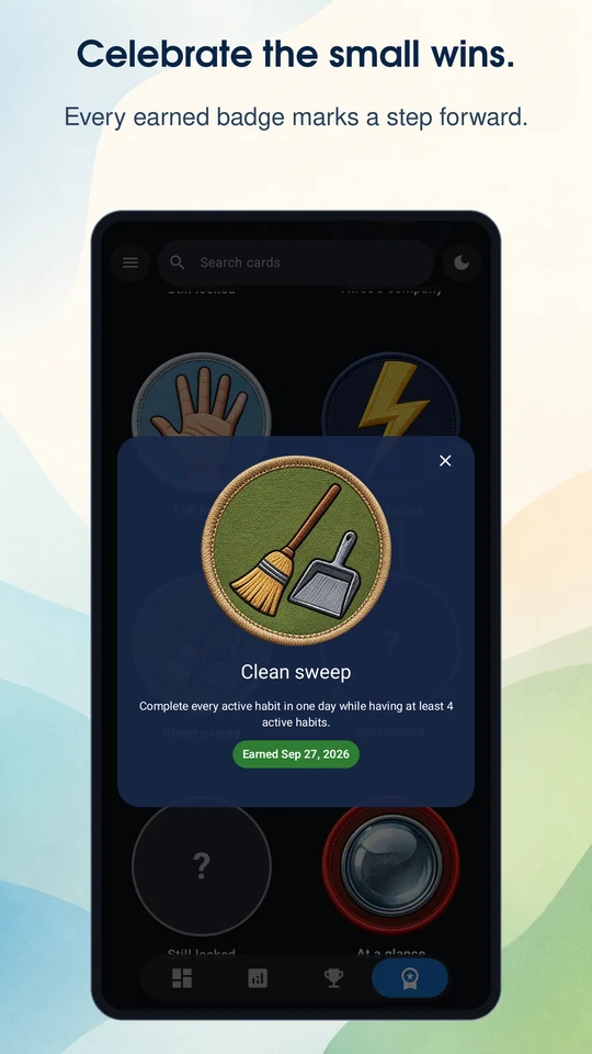Celebrate the small wins. View an earned badge and its achievement.