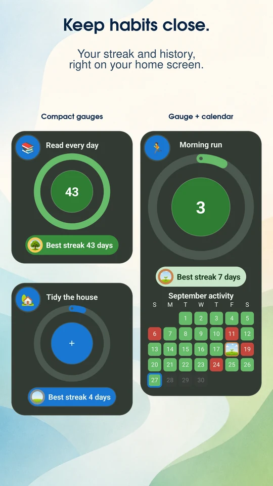 Keep habits close. Habit gauges and calendar widgets on your home screen.