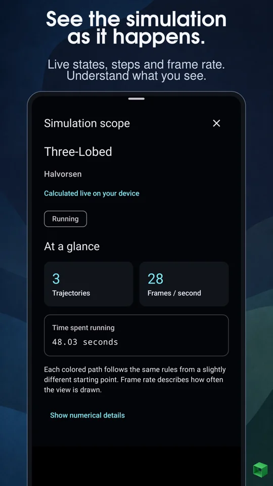See the simulation as it happens. Live states, steps and frame rate.